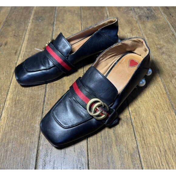 Gucci Black Leather Peyton GG Sylvie Pearl Studded Loafer Size 37 - Picture 2 of 9